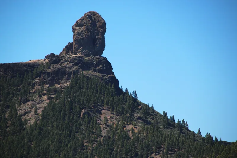 Klippformationen Roque Nublo som reser sig ur tallskogen på Gran Canarias högland