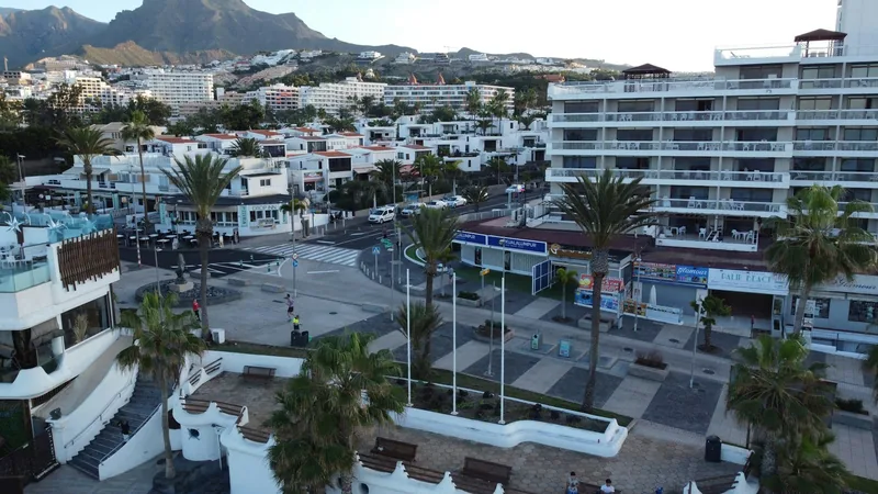 Flygbild över hotell, palmer och breda gator i södra Teneriffas turistområde